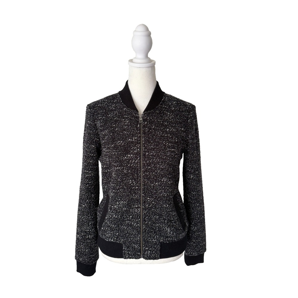 J.Crew Tweed Knit Bomber Jacket‎ Black White Zip Quilted Lined Womens Sz 2 Chic